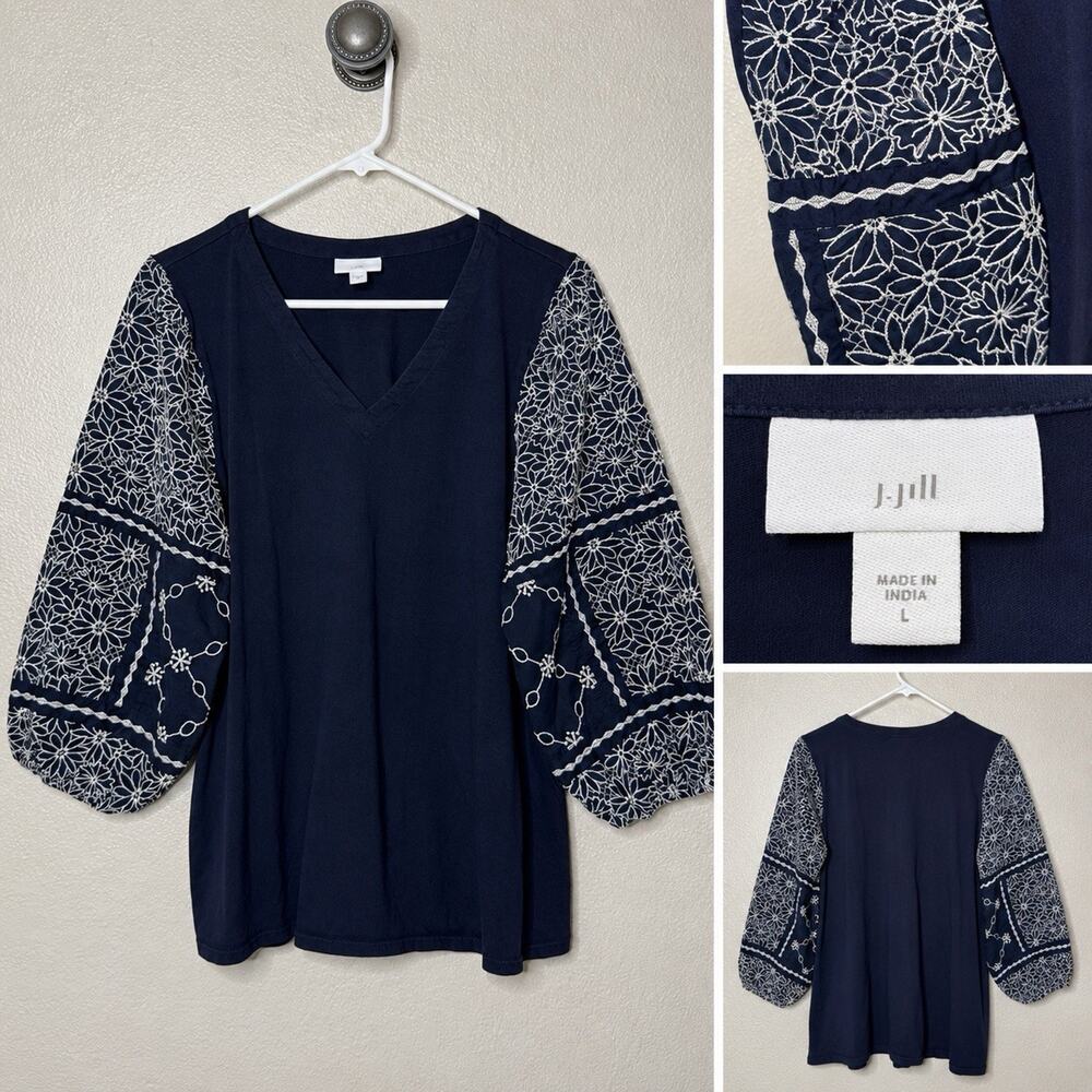 J Jill Size L Embroidered Shirt Top Balloon Sleeve V Neck Top Navy Blue Cotton
